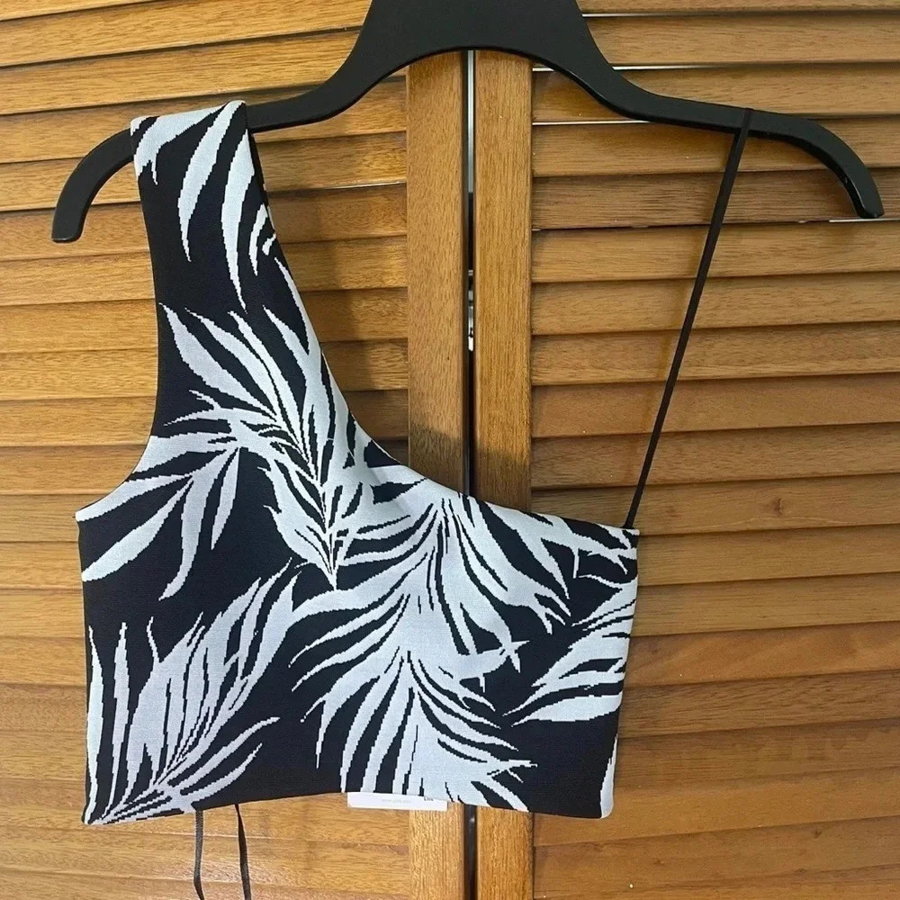 Zara One Shoulder Palm Print Jacquard Cross Over Crop Top S NWT - Picture 5 of 5